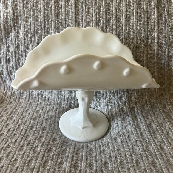 Vintage Milk Glass Banana Boat Pedestal Dish - Teardrop - Dot Pattern by Indiana - Picture 1 of 11